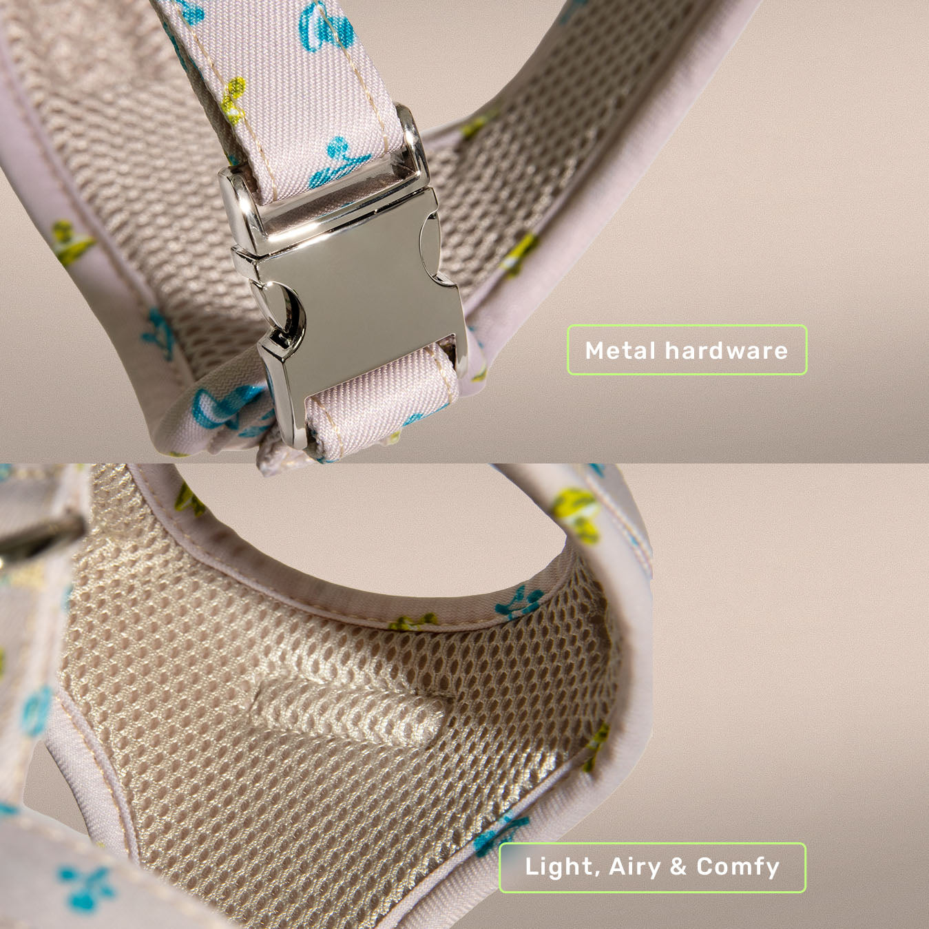 Mini Mushies dog harness showing chest clip and D-ring hardware | One of Us
