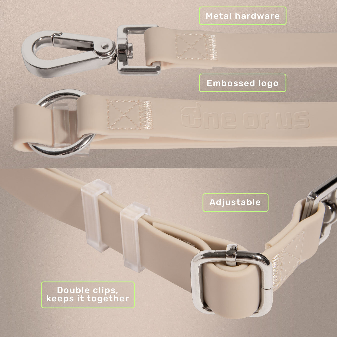 Mini Mushies every-way leash used as standard dog leash in beige | One of Us