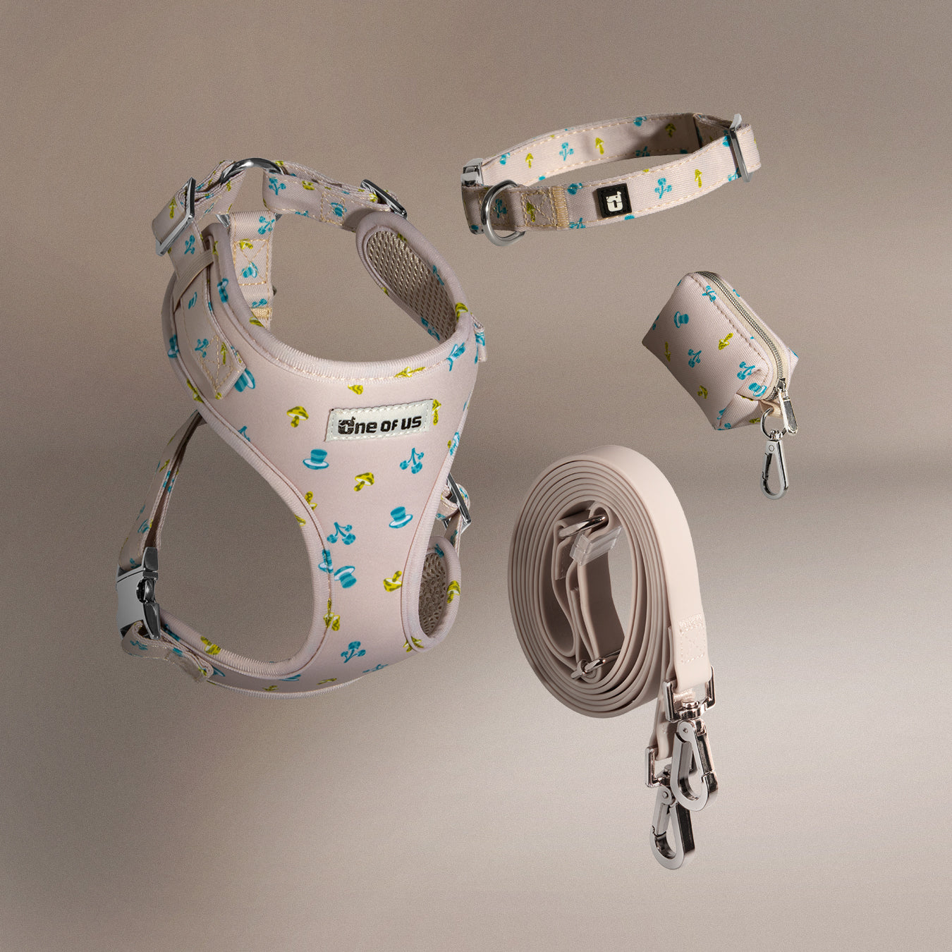 Mini Mushies 4 piece dog walking set in beige mushroom print — harness, collar, leash and waste bag holder | One of Us