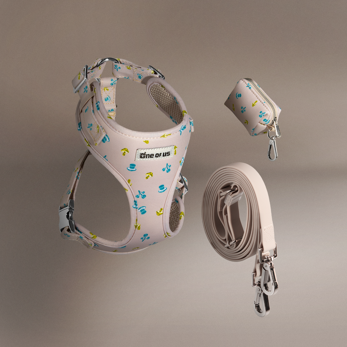 Mini Mushies 3-piece dog walking bundle — harness, waste bag holder and hands-free leash in beige mushroom print