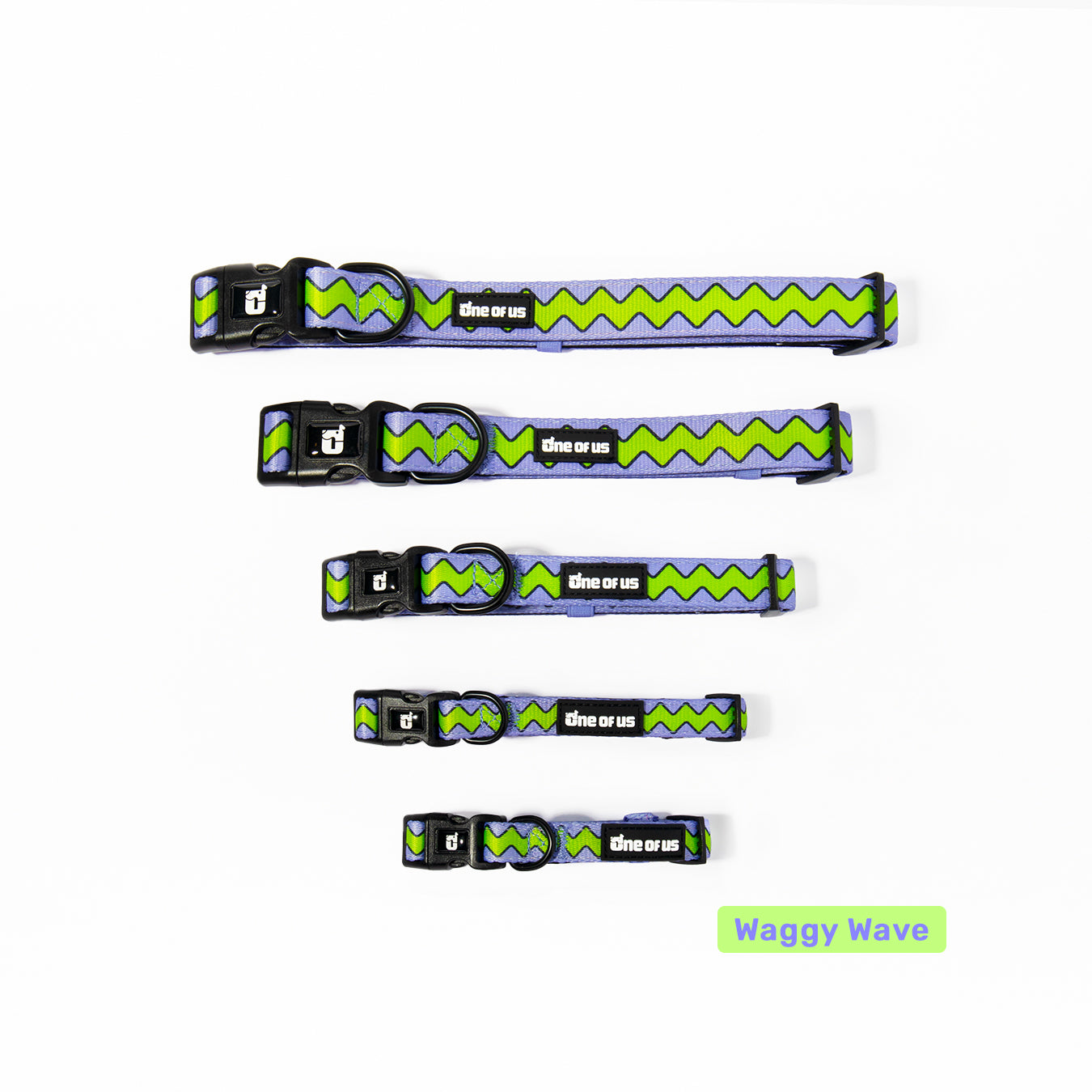 Waggy Waves dog collar shown in all sizes XS through XL