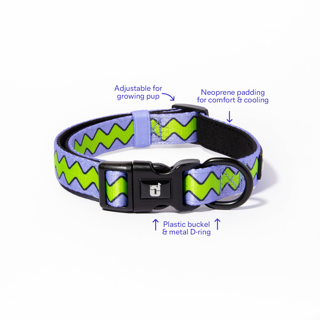 Waggy Waves dog collar front view, lavender with neon green zigzag